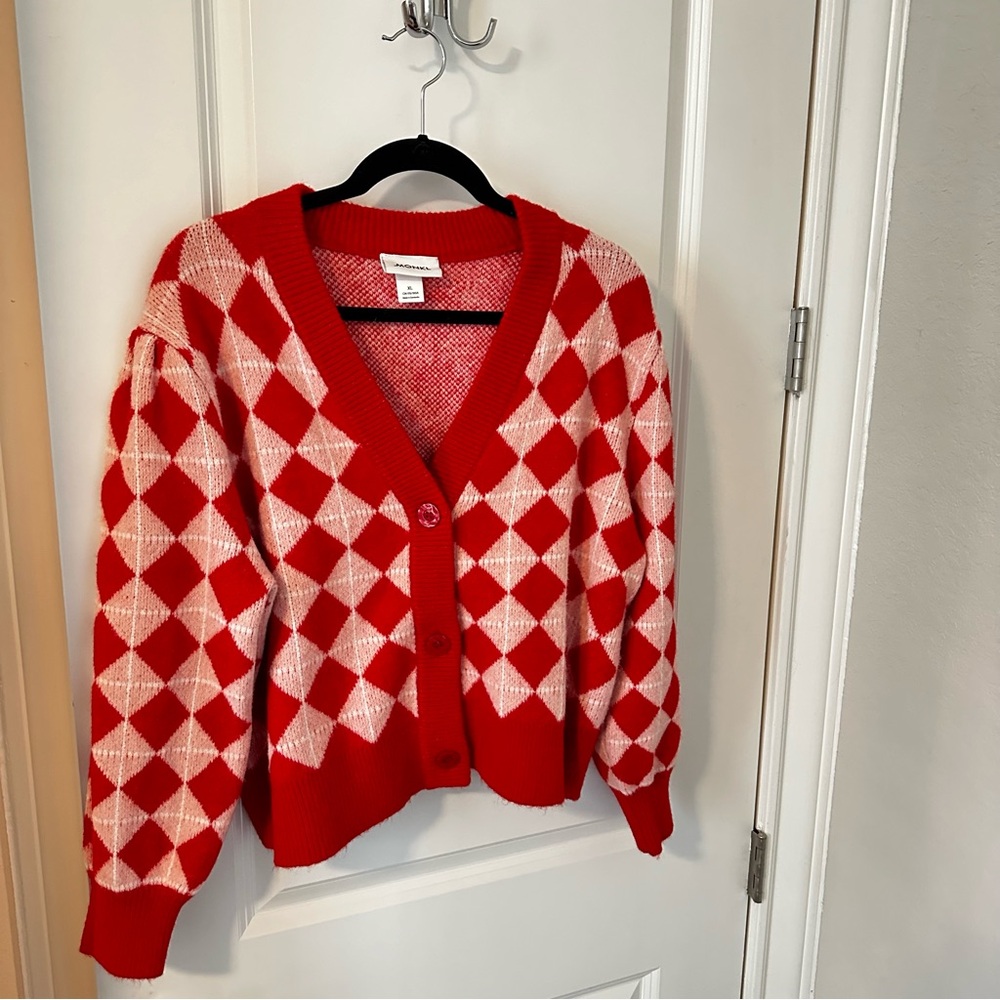 Monki Red And Light Pink Argyle Pattern Cardigan - image 1